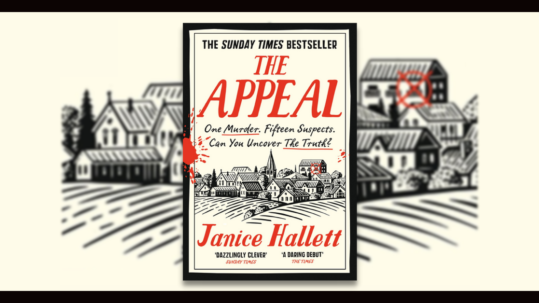 The appeal by Janice Hallett book cover with zoom illustration of book cover as background. Illustration depicts rural village with field and trees