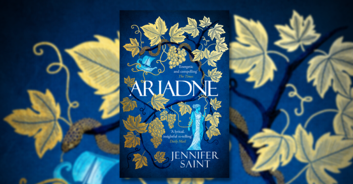 Book cover with golden leaves and a greek styled drawing of a woman with blue overlay