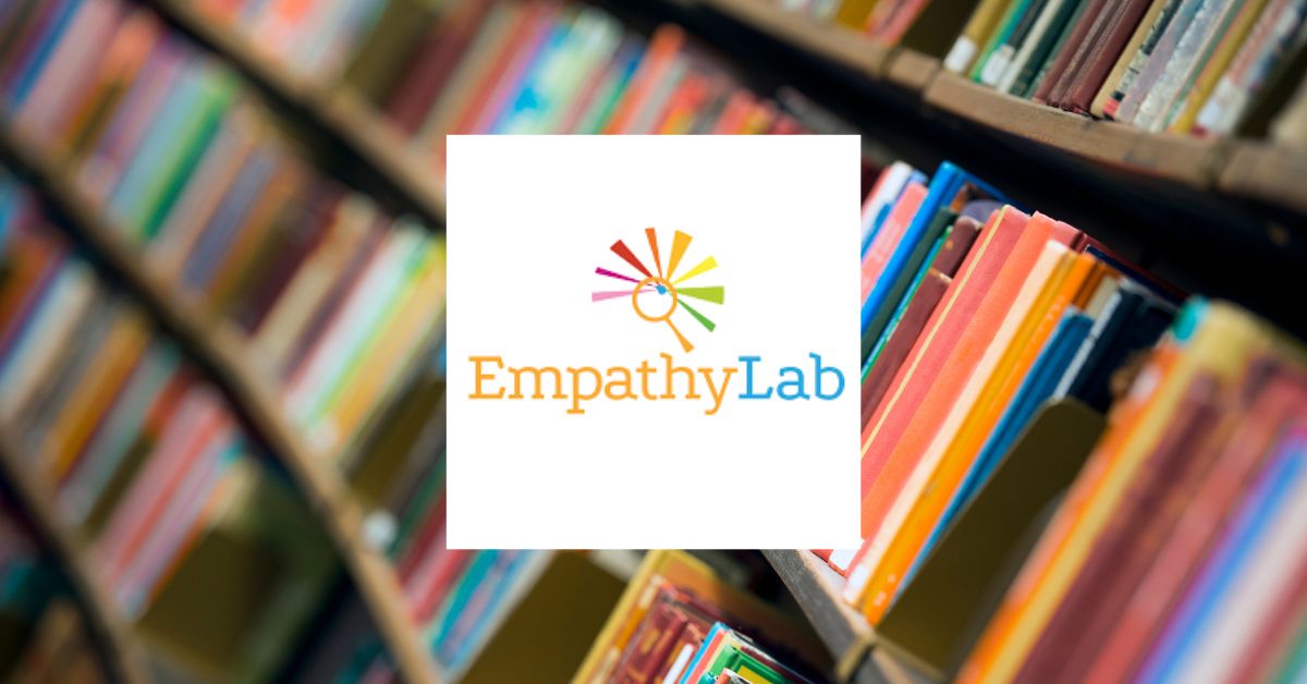 Empathy Lab logo against background of bookshelves