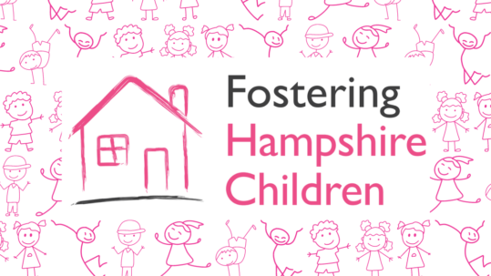 Background of different stick figures, Fostering Hampshire Children logo in foreground